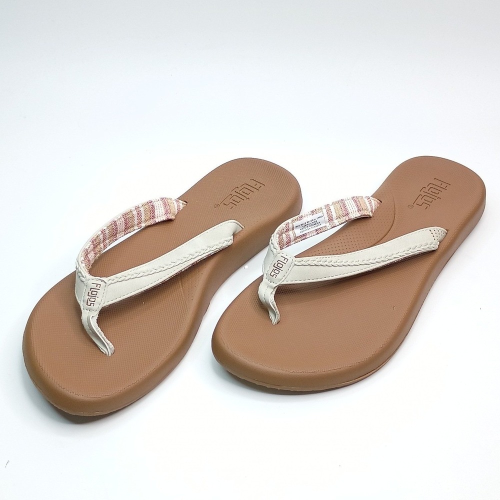 Flojos Sandals Flip Flops Women Size 6 Brown Cream Woven Fabric Strap